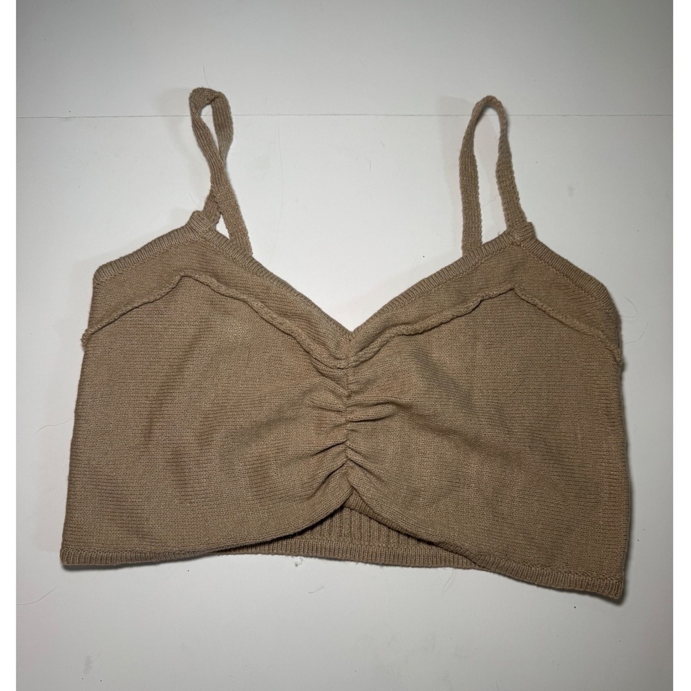Lulus Tan Beige Knit l V-Neck Crop Top Camisole Sleeveless Ribbed Back Medium